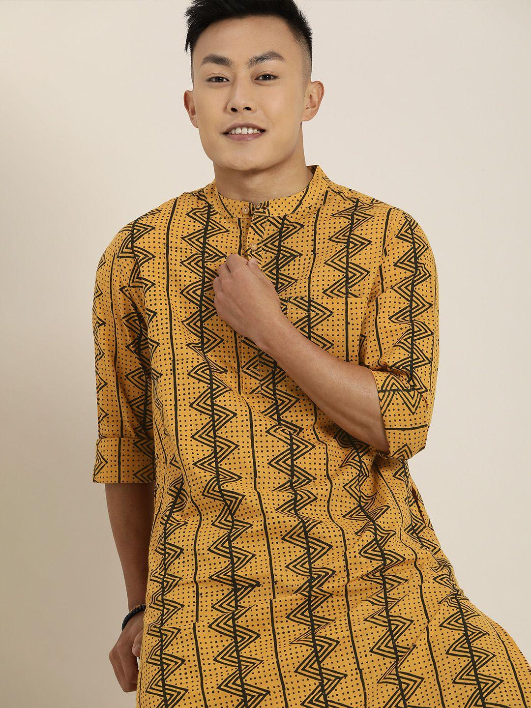 taavi men mustard yellow & black bagru printed kurta with trousers with pocket detail