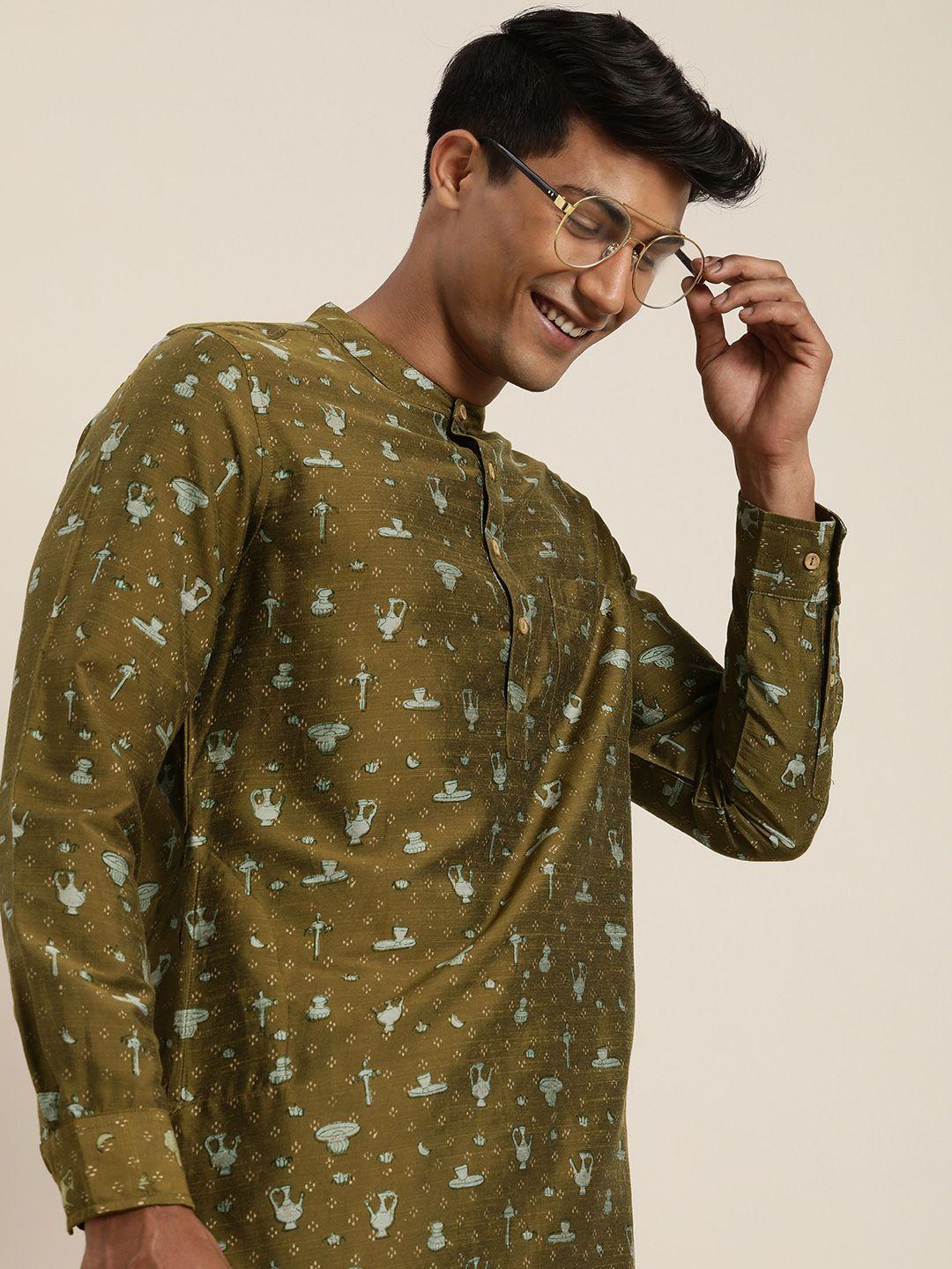 taavi men mustard yellow geometric printed ethnic kurta