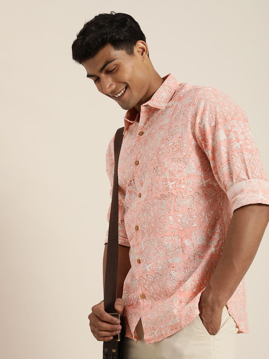 taavi men peach-coloured ethnic motifs printed bagru folk casual shirt
