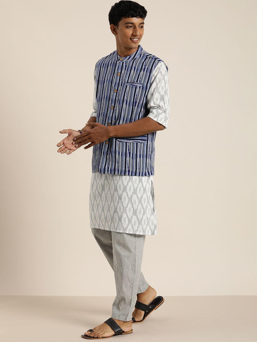 taavi men printed regular ikat kurta with trousers & nehru jacket