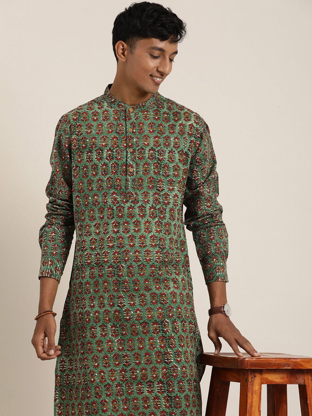 taavi men pure cotton floral printed regular bagru kurta with trousers