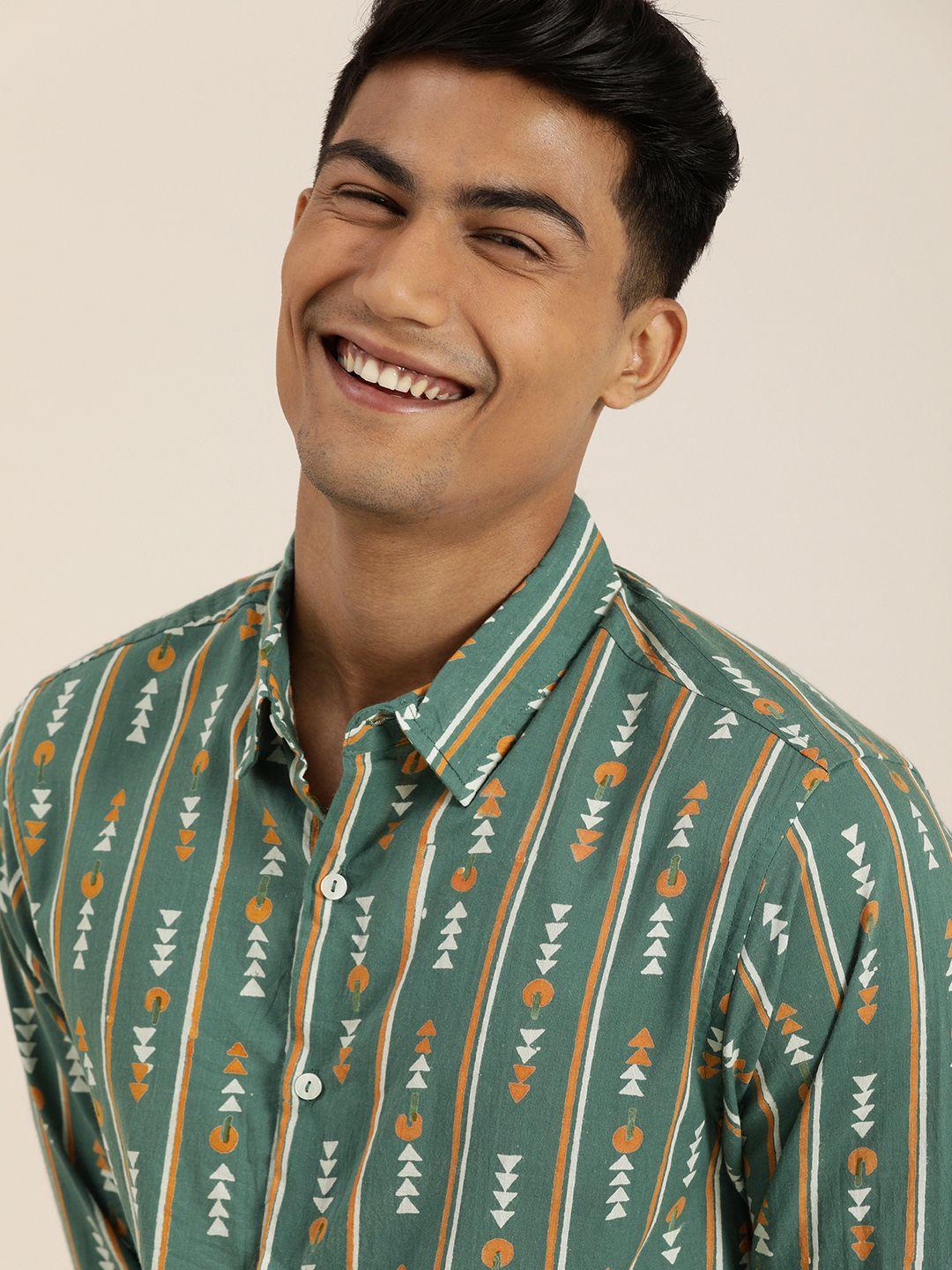 taavi men sea green & white wild tribe printed shirt with spread collar