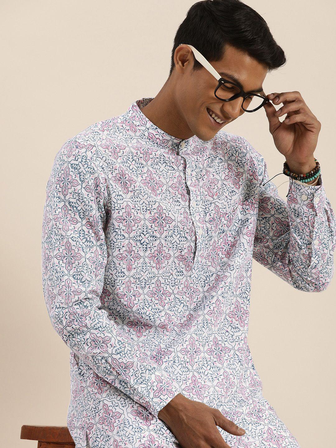 taavi men white & pink sanganeri printed pure cotton kurta