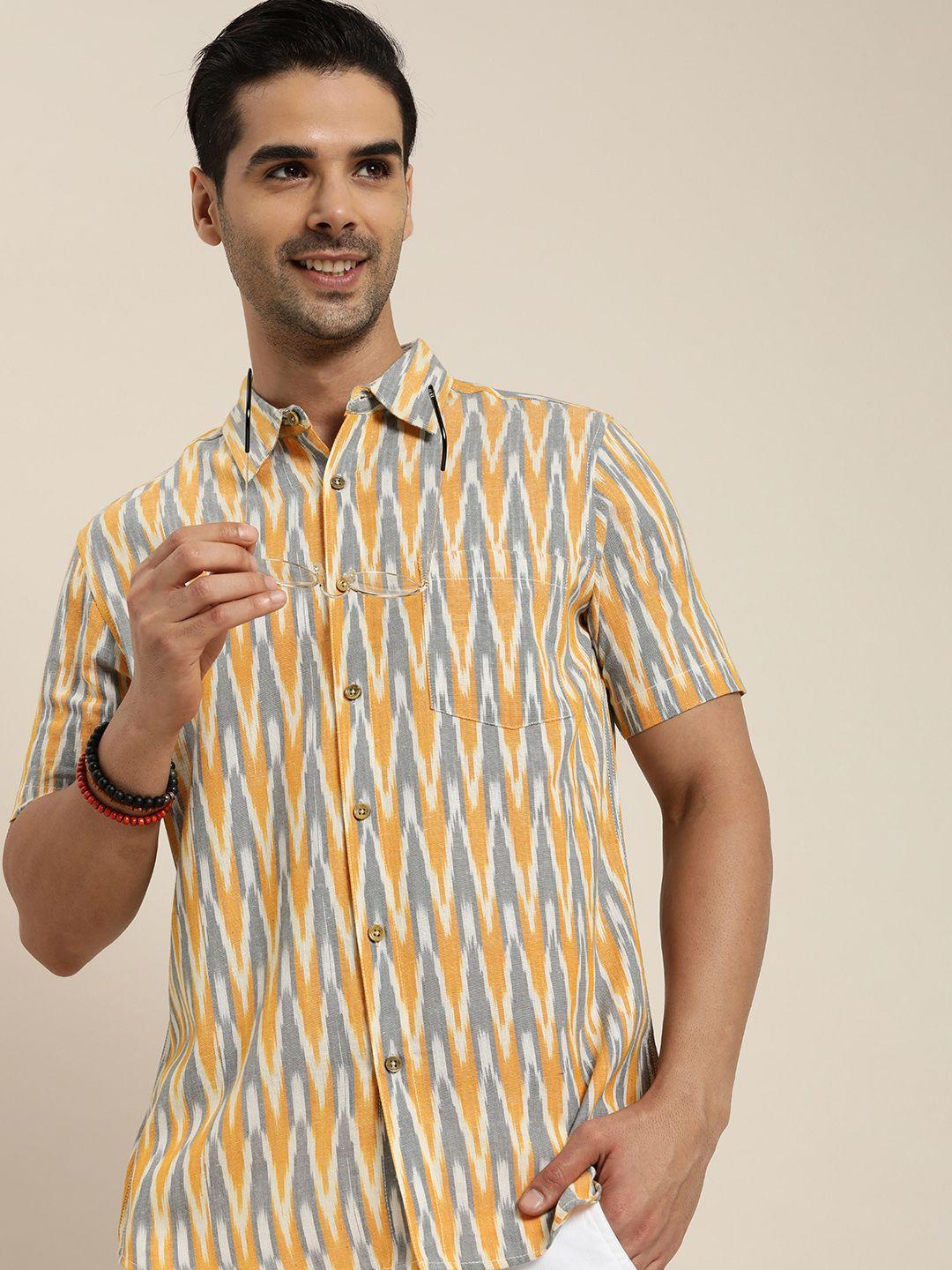 taavi men yellow & grey ikat printed casual shirt