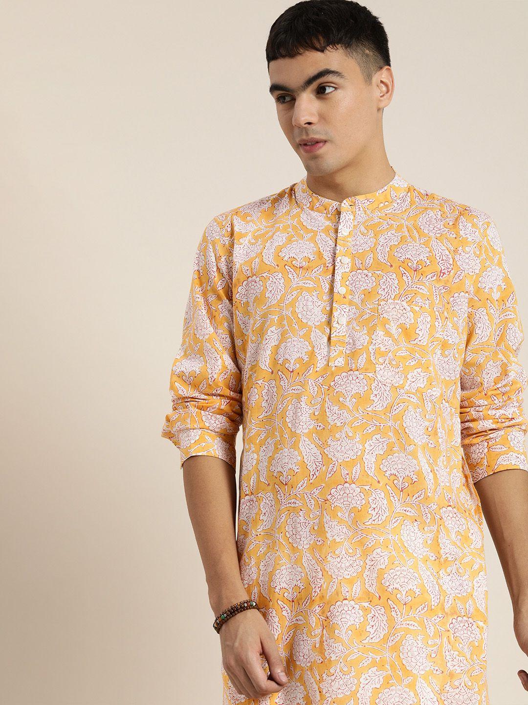 taavi men yellow & white ethnic motifs printed block print kurta