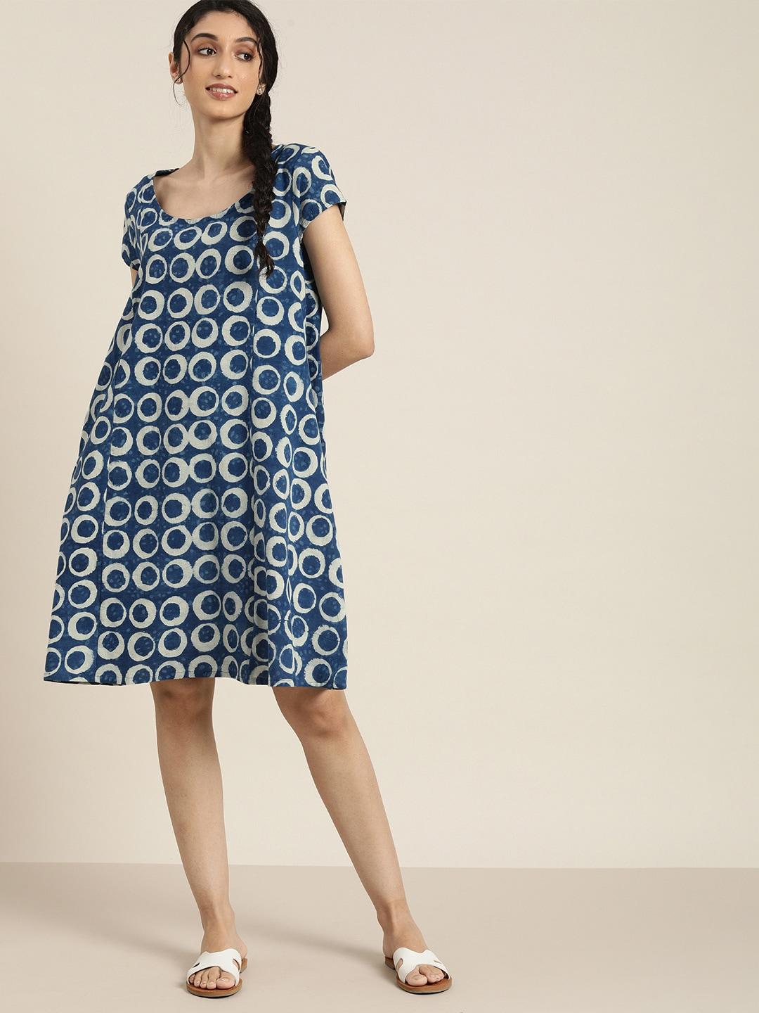 taavi navy blue & off white indigo hand block print sustainable nightdress with pocket