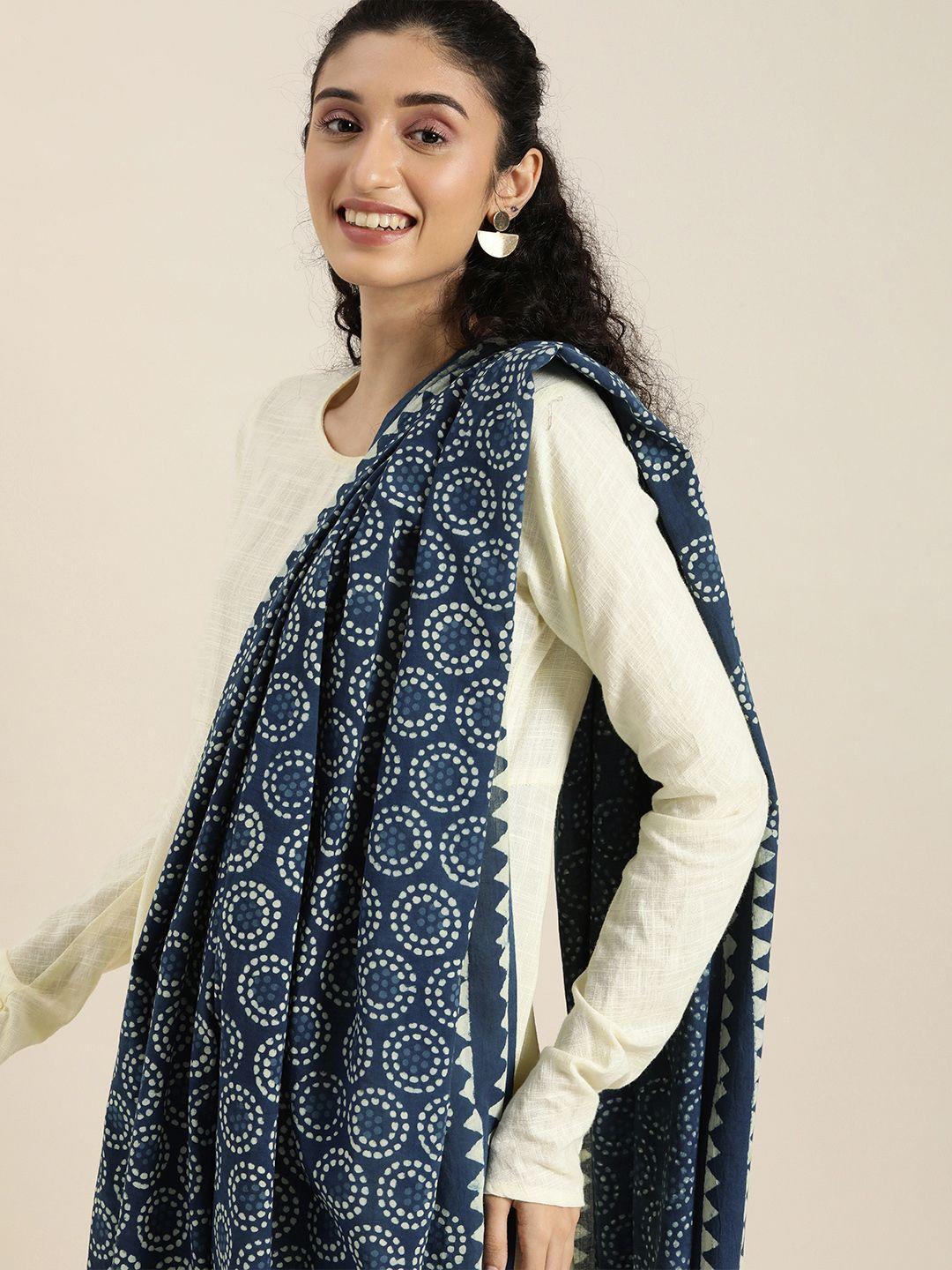 taavi navy blue & off white indigo hand block printed pure cotton dupatta