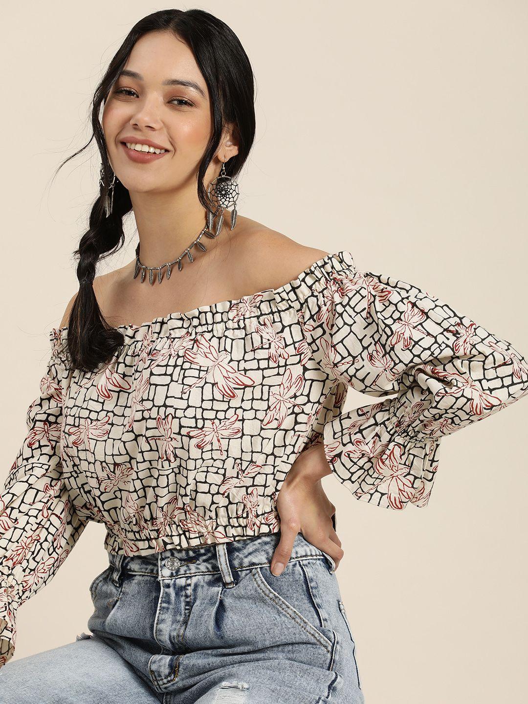 taavi off white & black bagru fossil print off-shoulder sustainable cotton bardot crop top