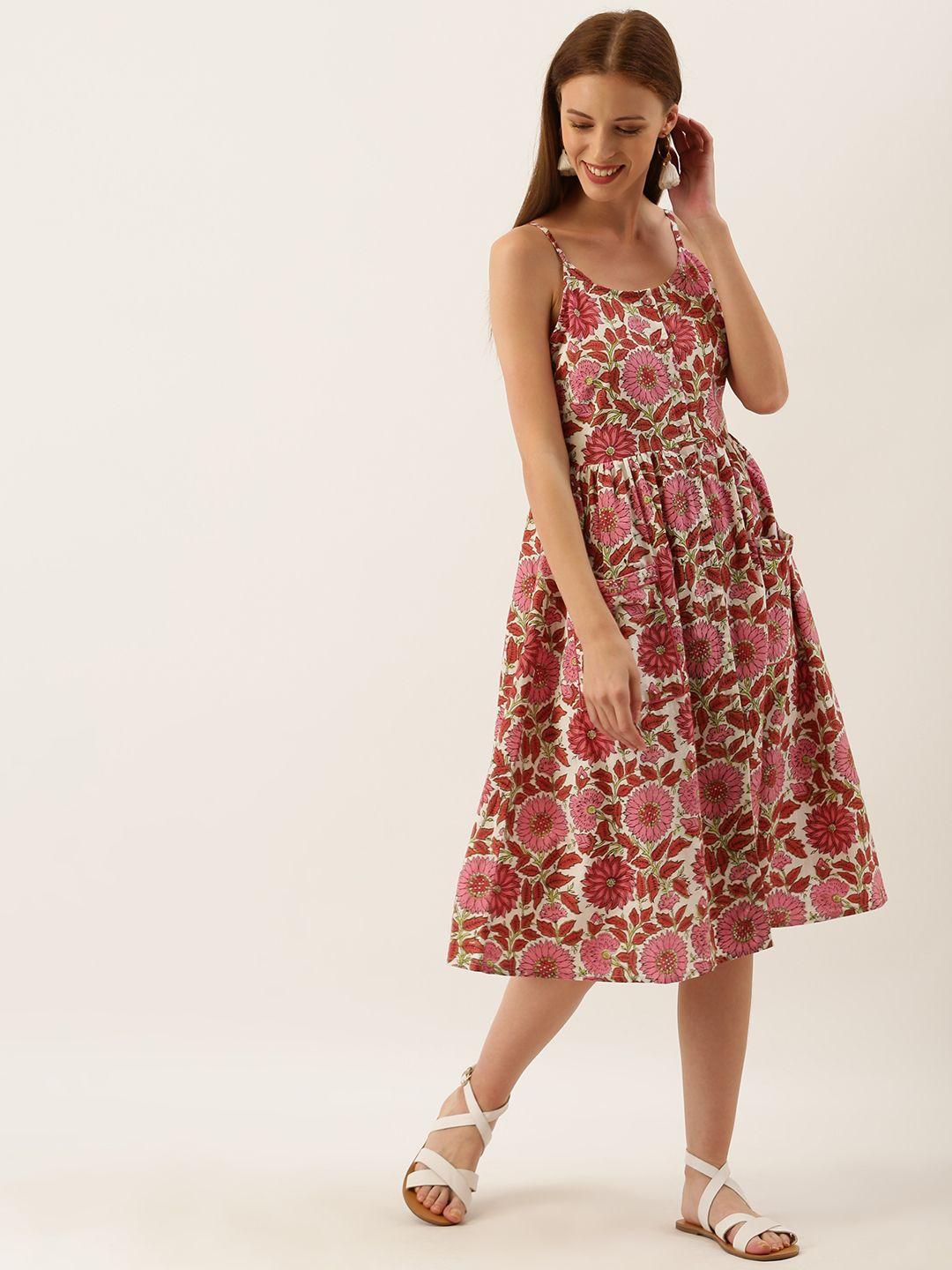 taavi off-white & pink sanganeri floral block print a-line sustainable dress with pockets