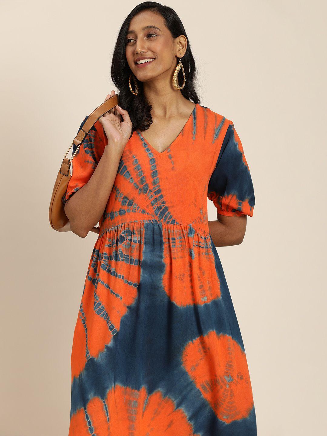 taavi orange & blue woven legacy tie & dye v-neck viscose rayon pleated fit & flare dress