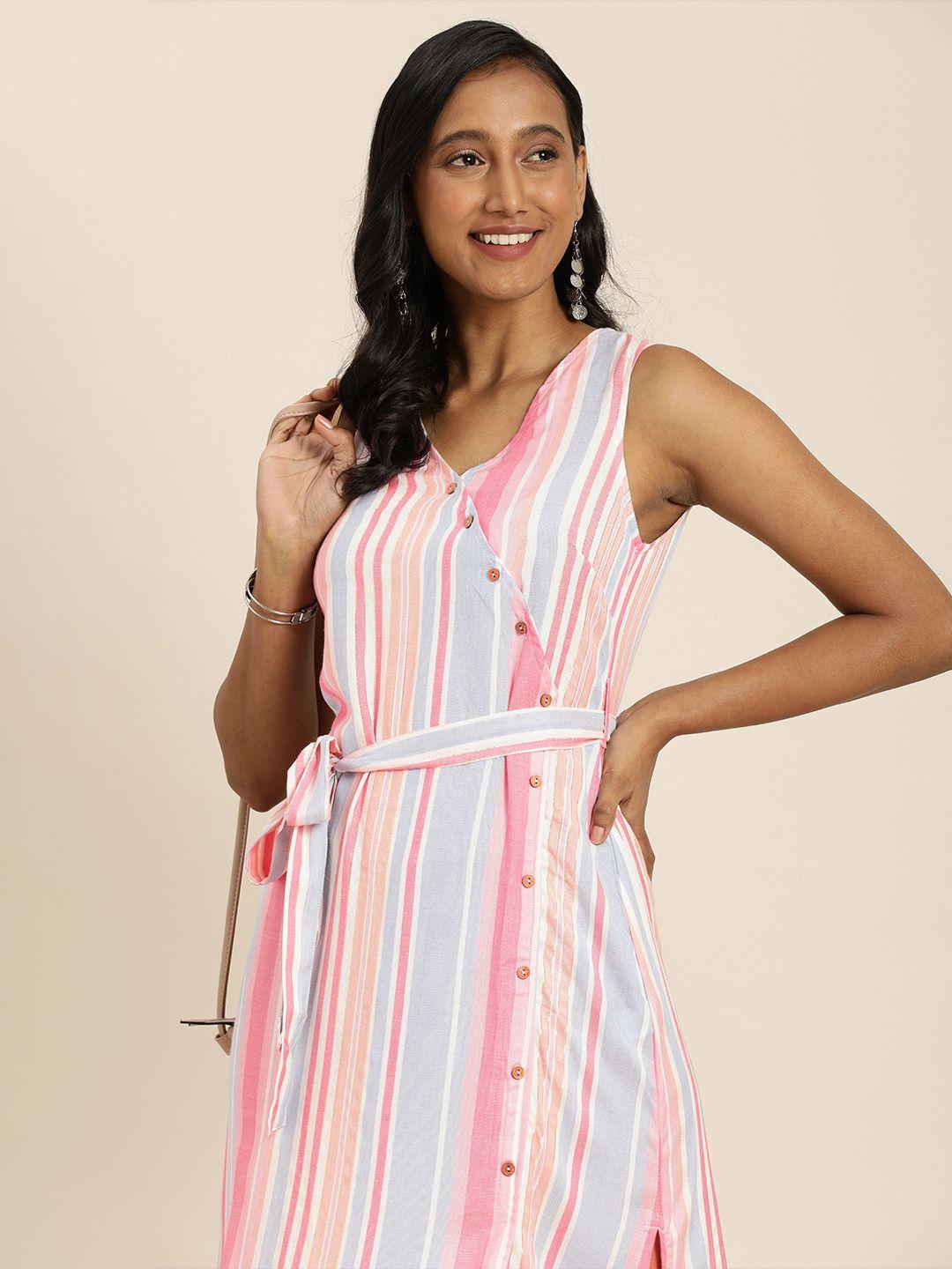 taavi pink & blue woven legacy candy stripes v-neck pure cotton belted wrap midi dress