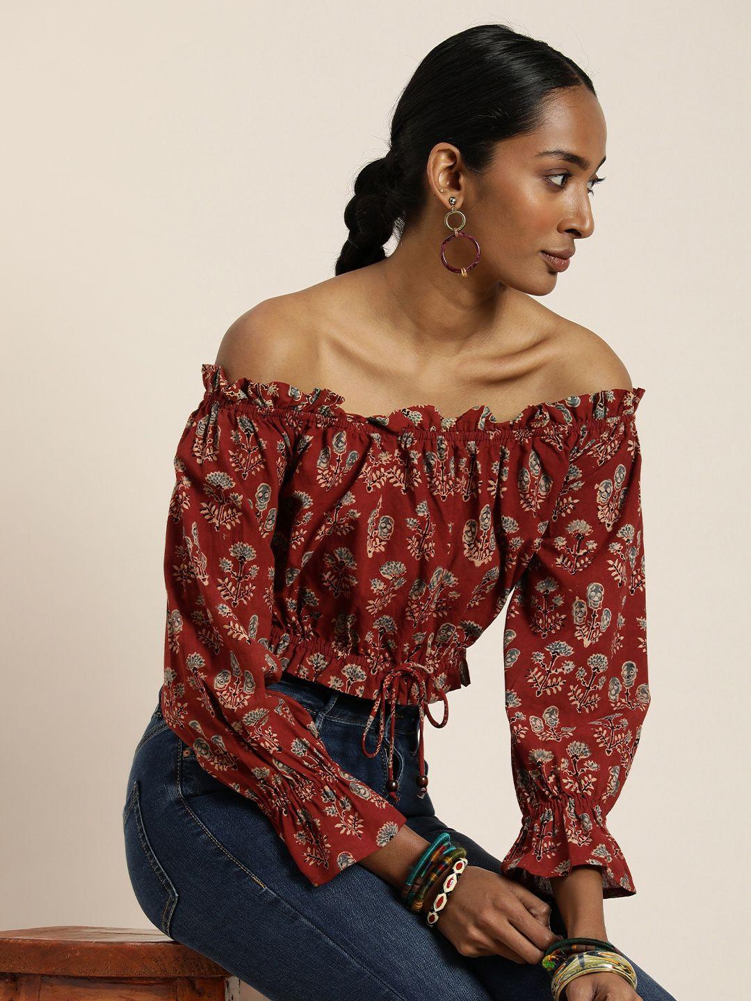 taavi print off-shoulder puff sleeve blouson ajrakh crop top