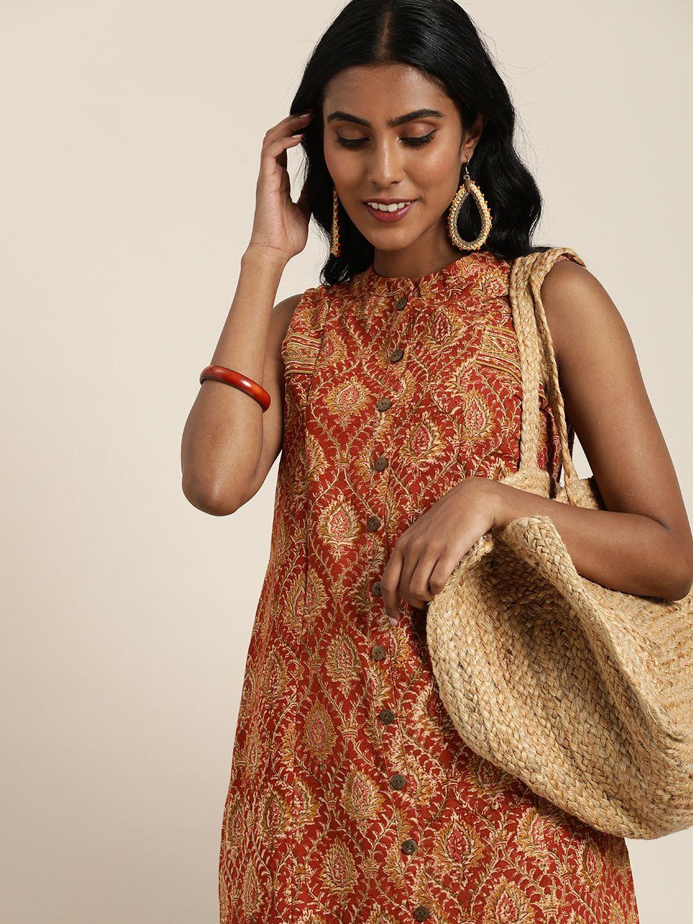 taavi pure cotton a-line sleeveless kalamkari ethnic dress