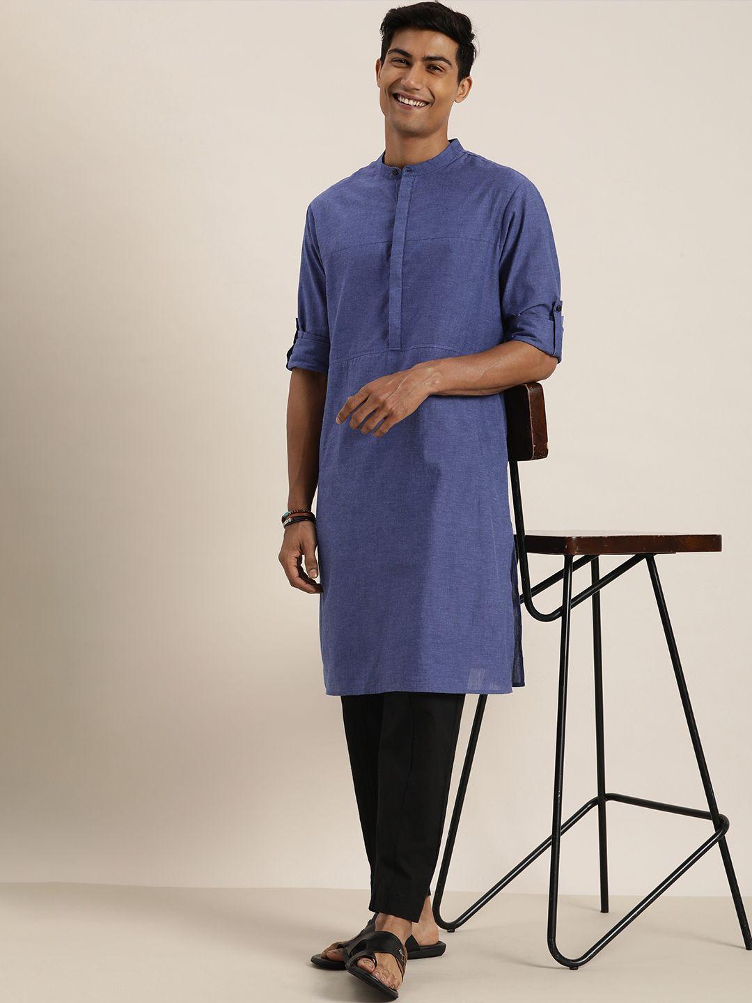 taavi pure cotton solid band collar nagari weaves kurta with trousers