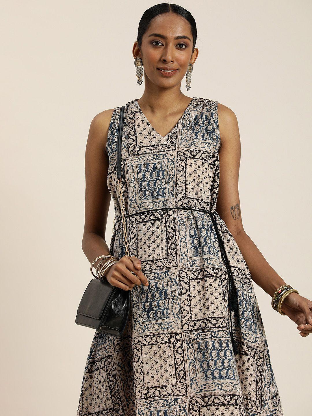 taavi pure cotton v-neck sleeveless floral kalamkari a-line dress