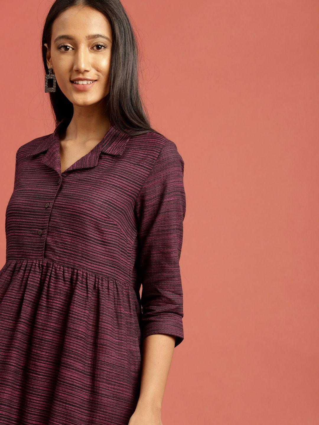 taavi purple & black woven legacy a-line striped midi sustainable pure cotton dress with gathers & pockets