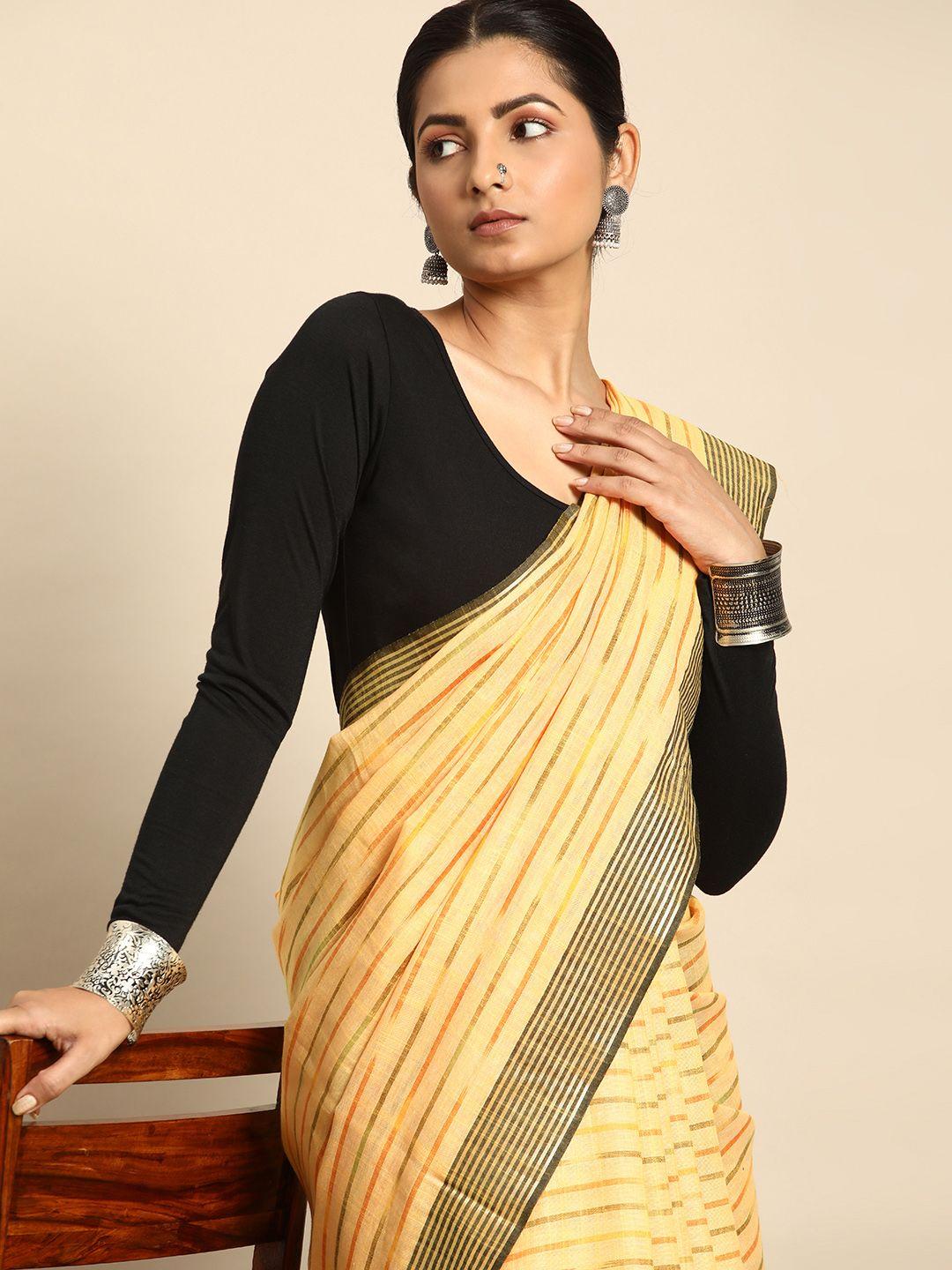 taavi striped zari pure cotton ikat saree