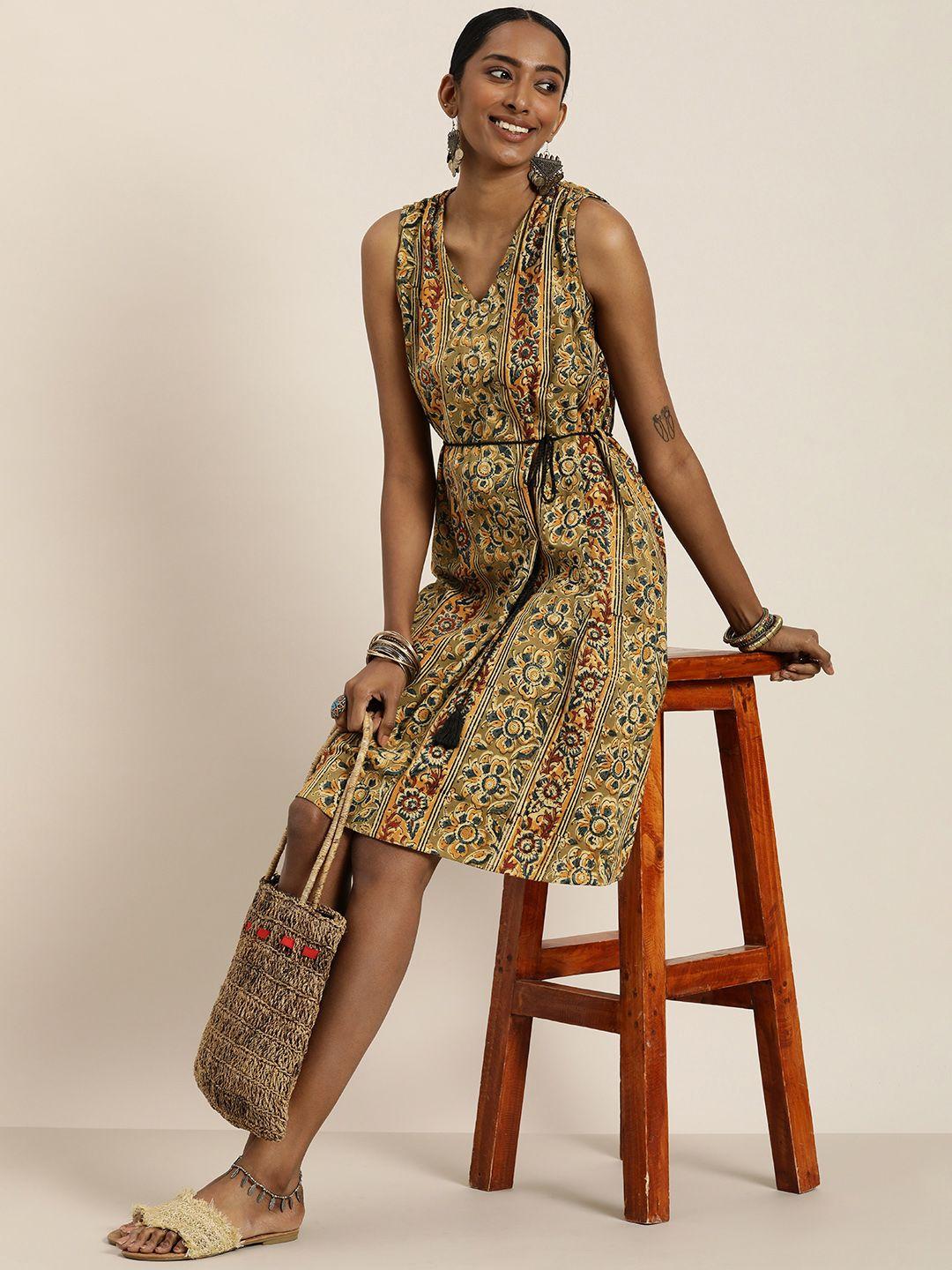 taavi v-neck sleeveless floral kalamkari a-line dress