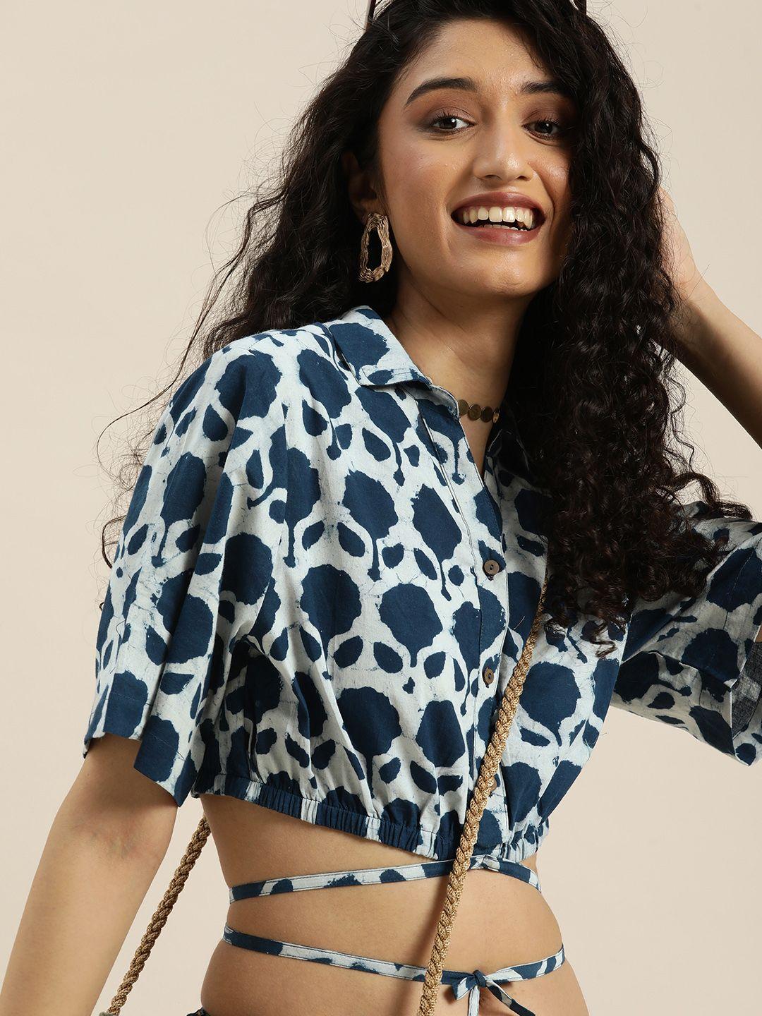 taavi white & indigo floral print blouson crop top