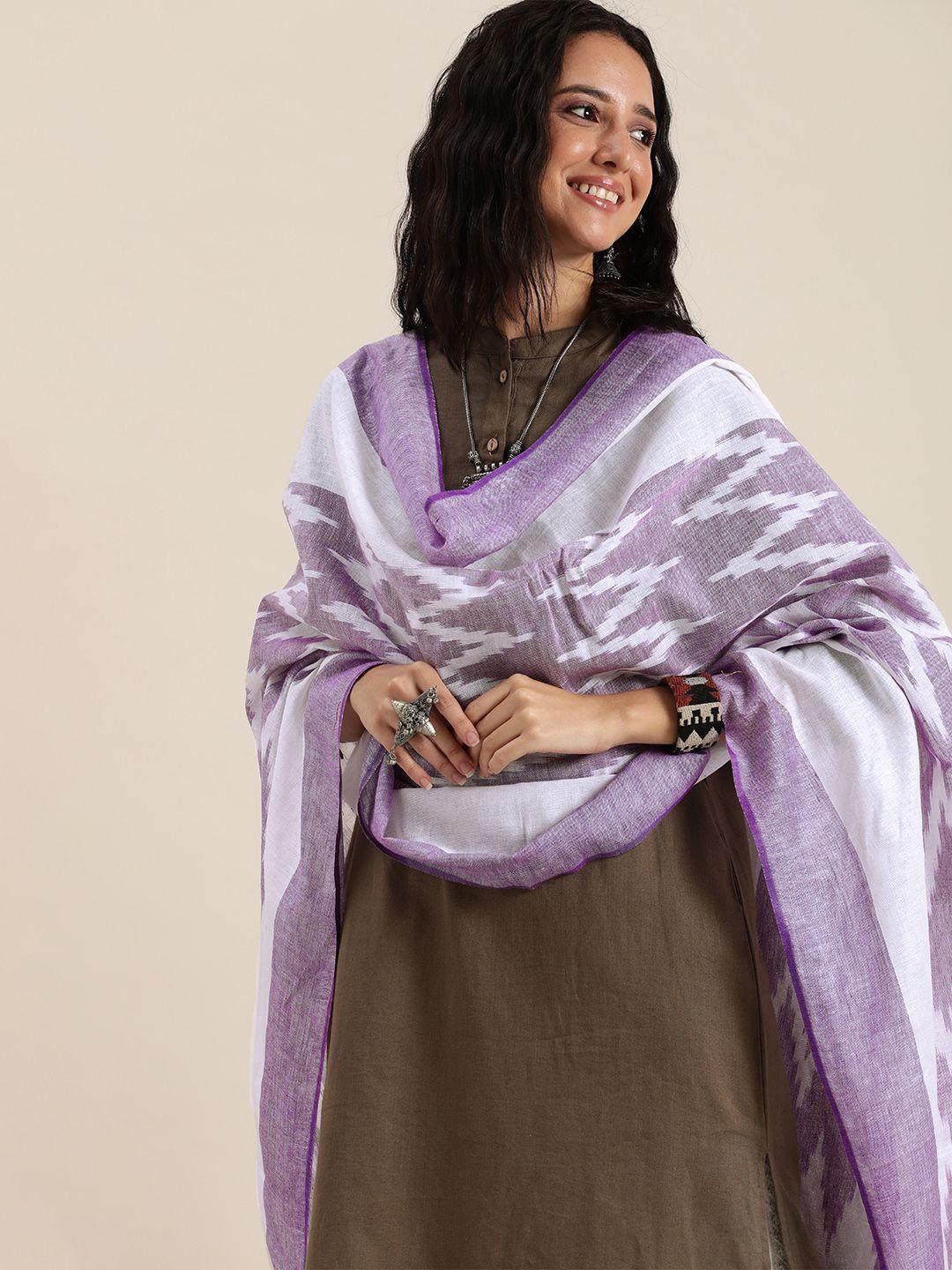 taavi white & lavender woven design pure cotton ikat dupatta