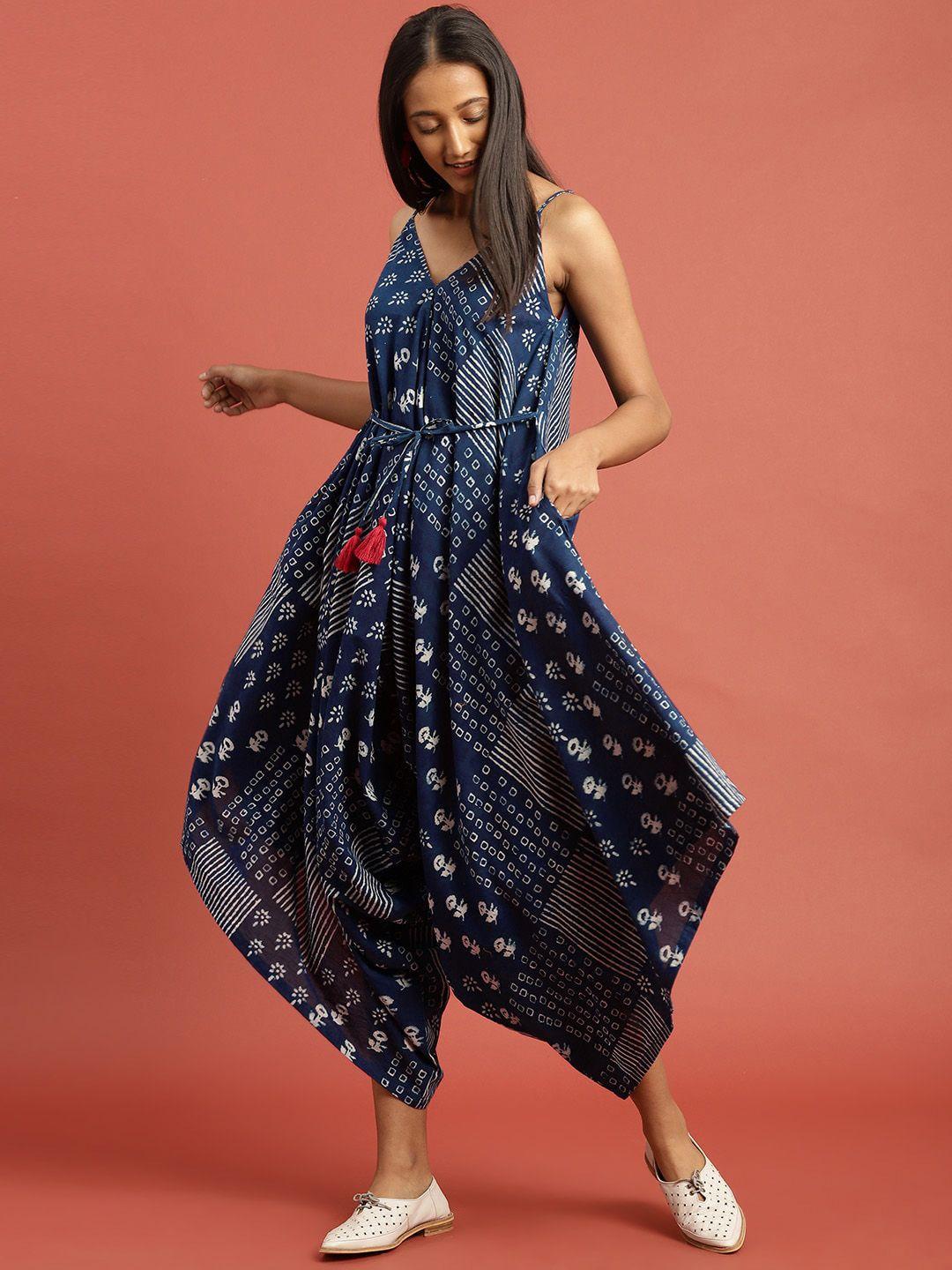 taavi women blue & white indigo hand block print sustainable jumpsuit with loose legs & tie-ups