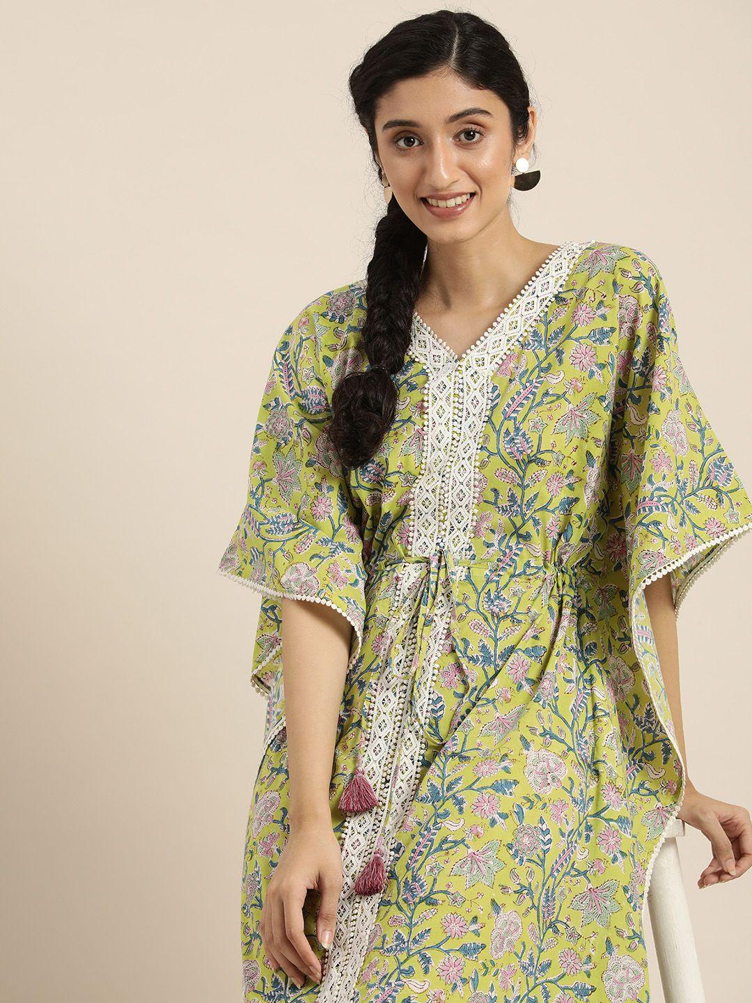 taavi women green & blue sanganeri block print legacy kaftaan kurta