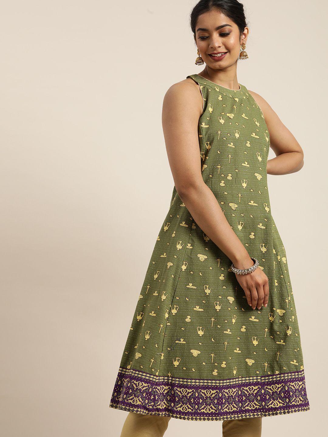 taavi women green gold khari printed a-line kurta