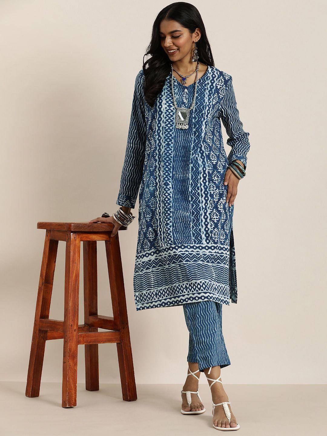 taavi women indigo ethnic motifs printed pure cotton kurta with trousers