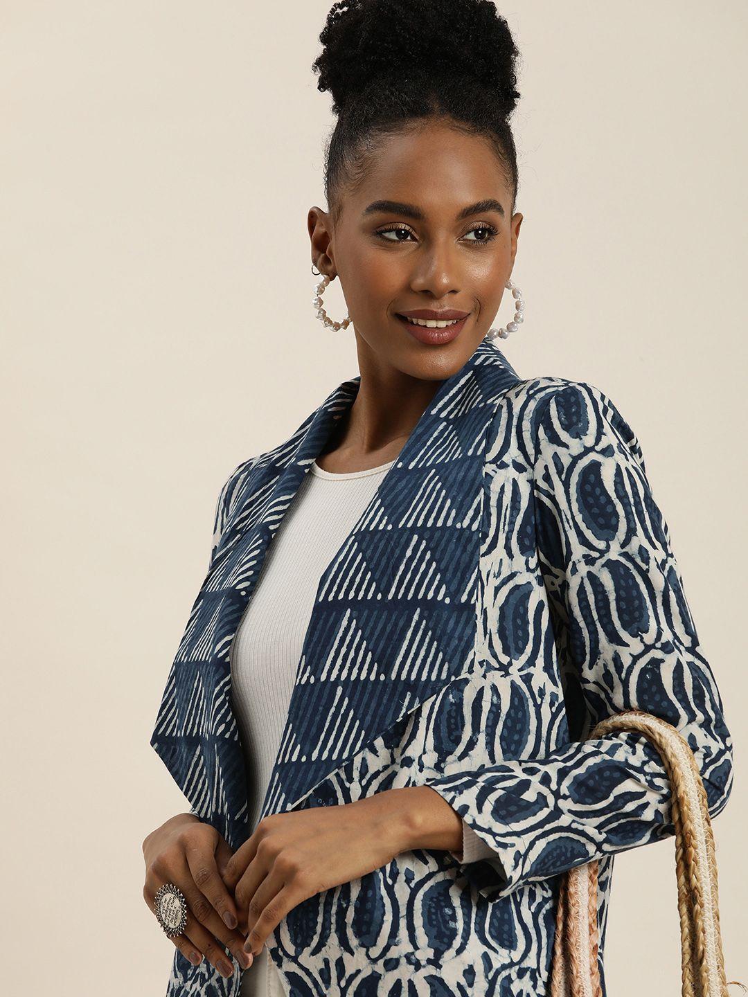 taavi women indigo printed ethnic pure cotton jacket style shrug