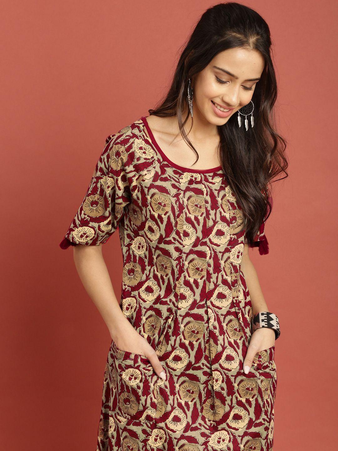 taavi women maroon & brown hand block print legacy a-line panelled kurta with pockets