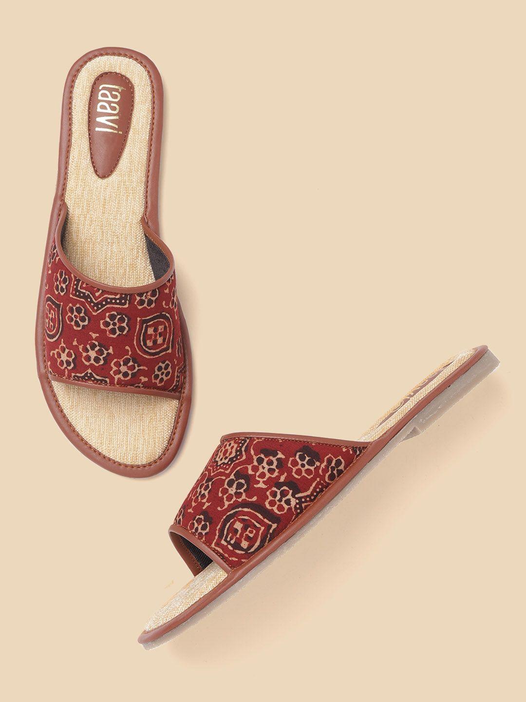 taavi women maroon & coffee brown ethnic motifs print open toe flats