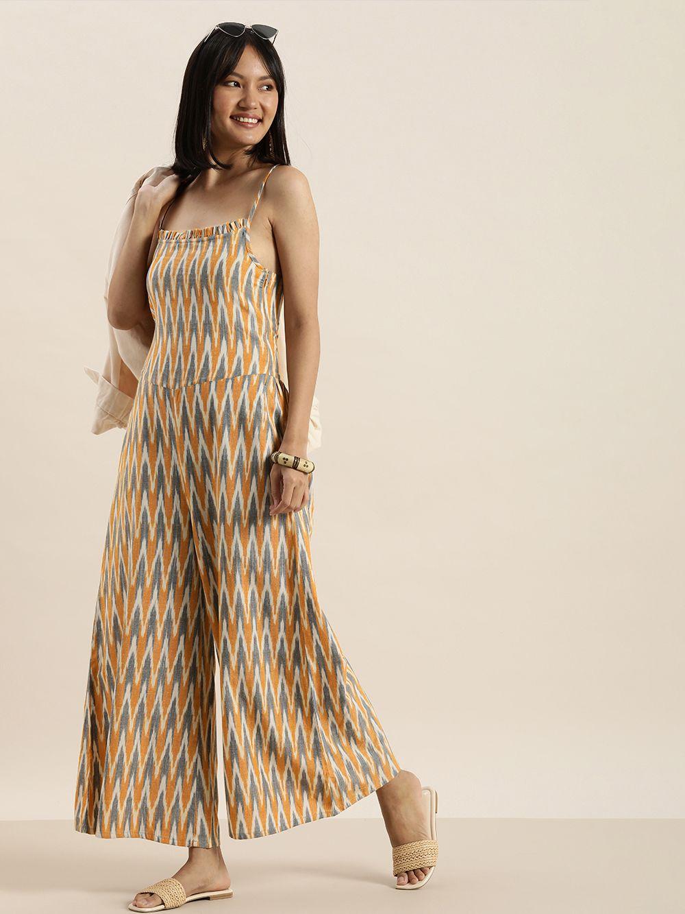 taavi women mustard & blue ikat printed sleeveless culotte jumpsuit