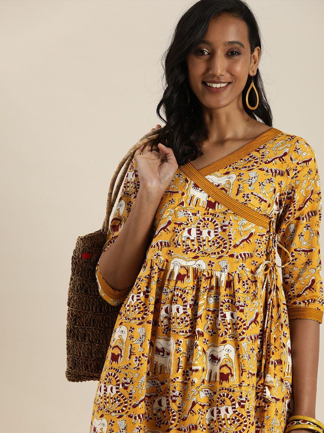 taavi women mustard yellow & maroon bagru handblock print wrap dress with tie up detail