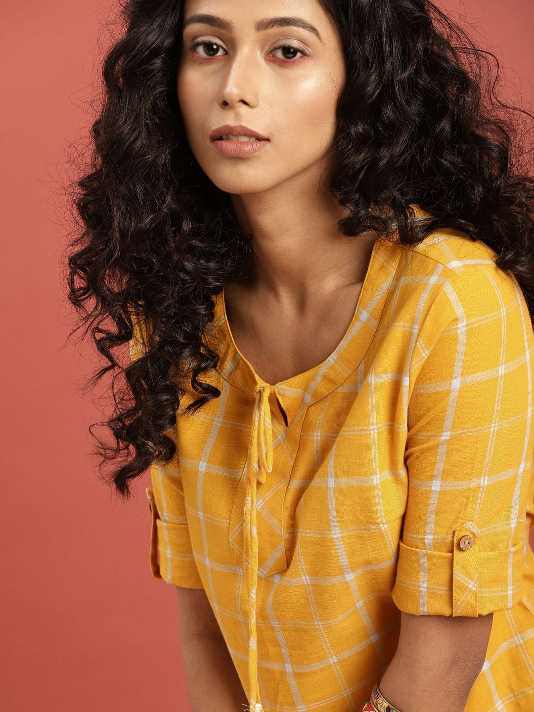 taavi women mustard yellow checked south cotton woven legacy a-line sustainable pure cotton top