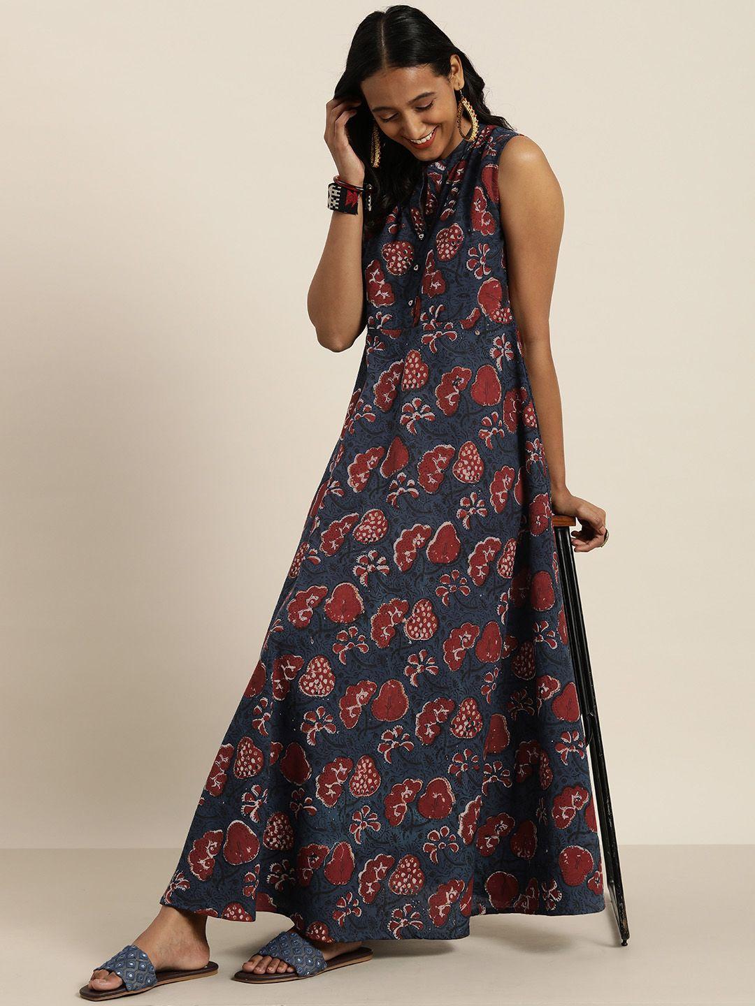 taavi women navy blue & maroon ajrakh hand block print sustainable maxi dress