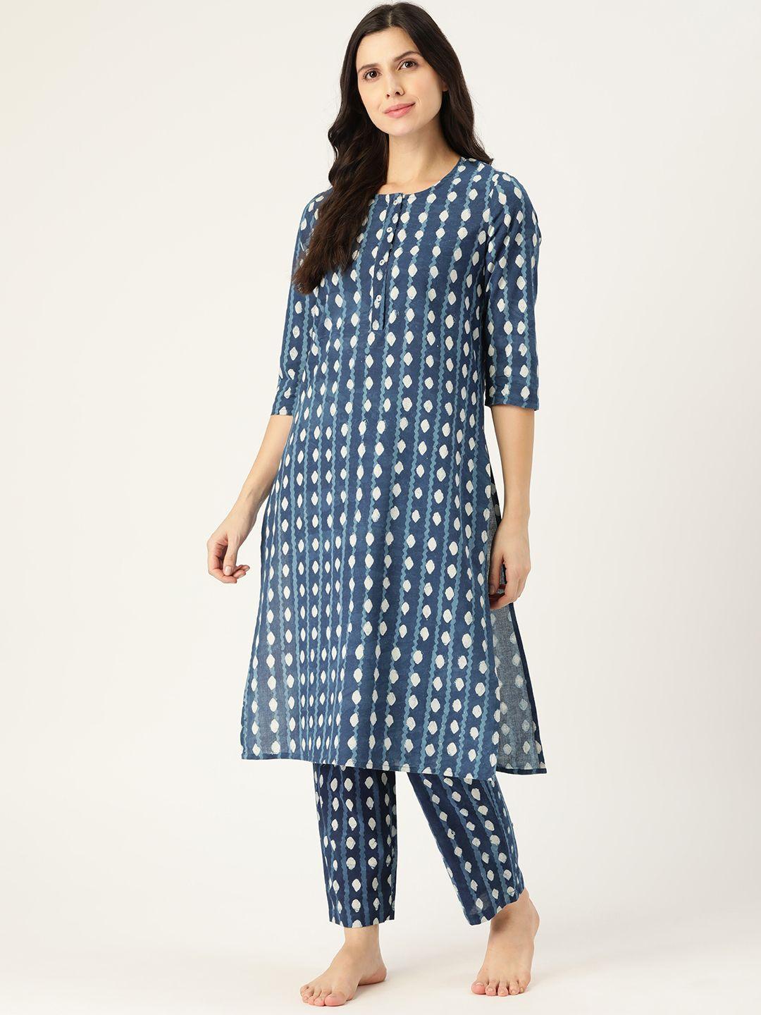 taavi women navy blue & white  pure cotton indigo dyed night suit with button detailing