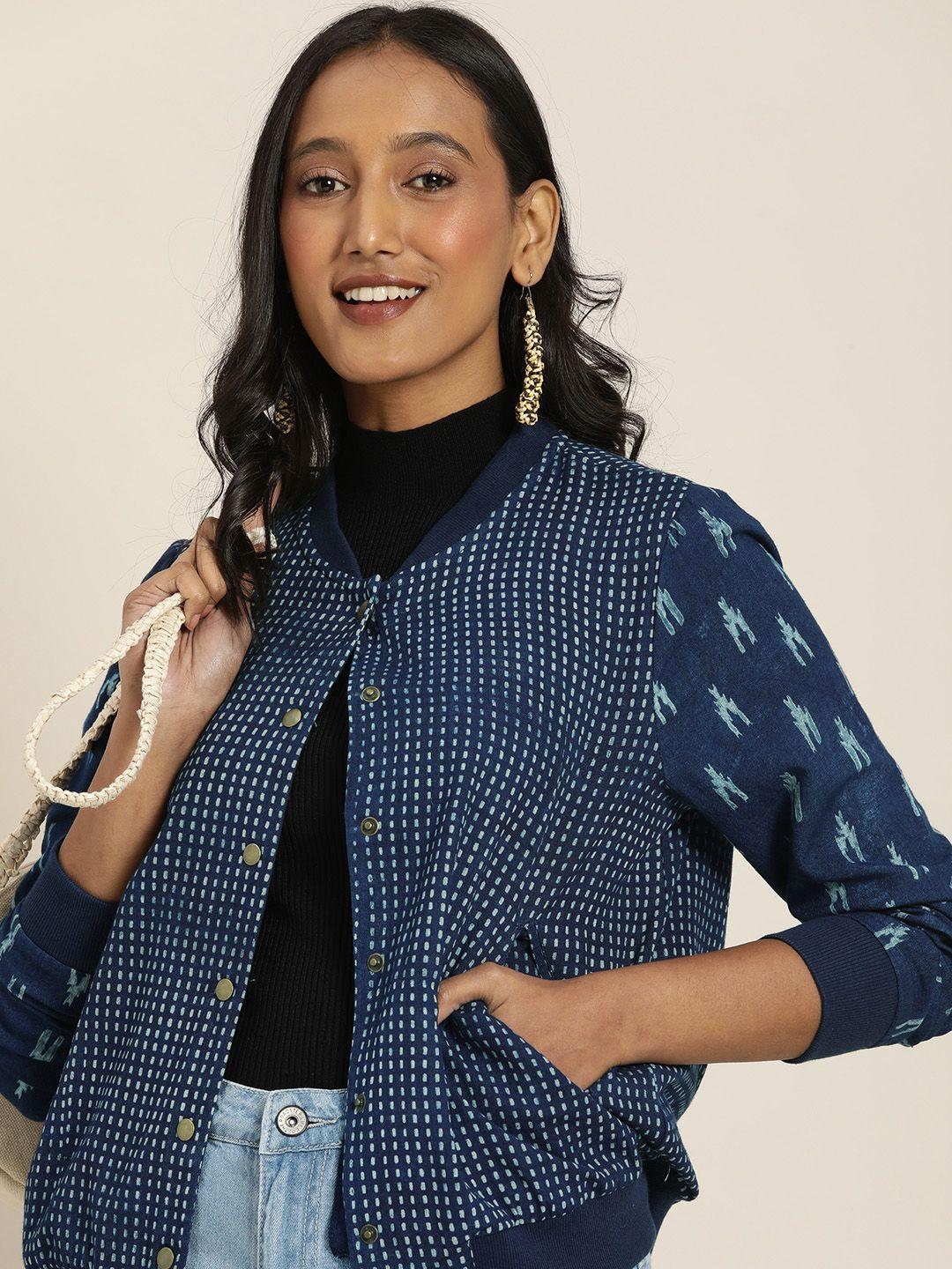 taavi women navy blue & white indigo hand block printed jacket with contrast print sleeves