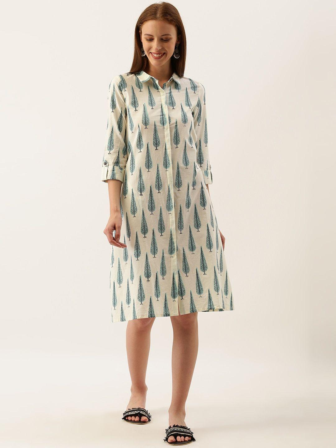 taavi women off-white & blue sanganeri block print shirt sustainable dress with back tie-up & pocket