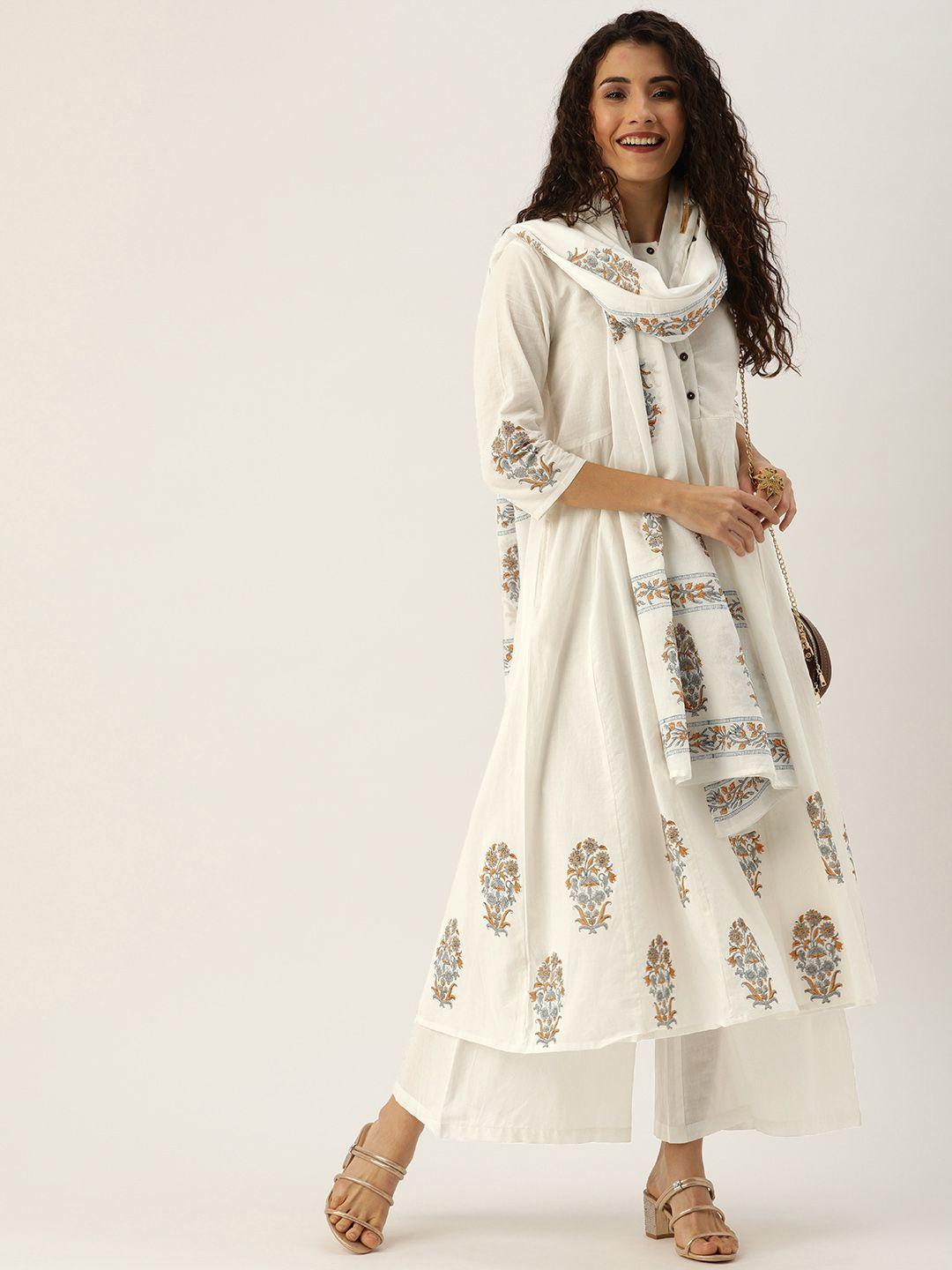 taavi women off-white & grey sanganeri handblock print a-line sustainable kurta set & dupatta