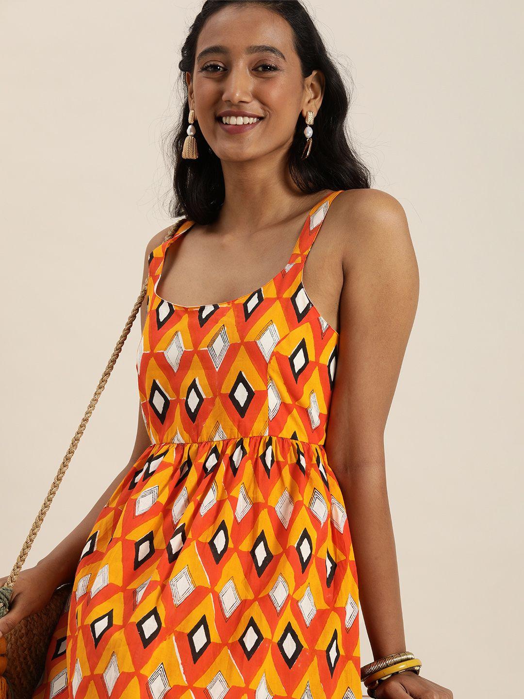 taavi women orange & yellow wild tribe printed smocked sustainable a-line maxi dress