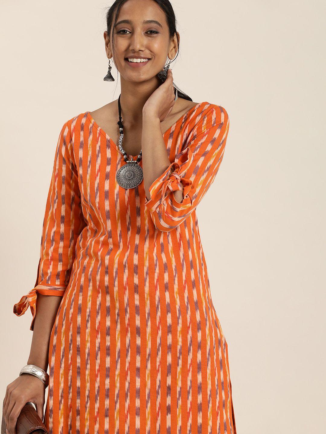 taavi women orange  ikat woven design pure cotton kurta