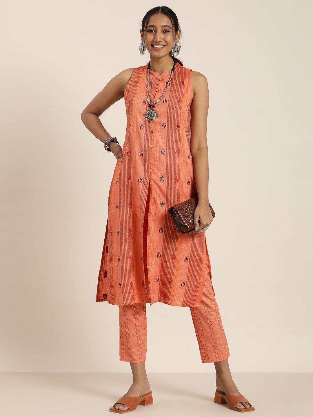 taavi women orange ethnic motifs printed pure cotton kurta with trousers