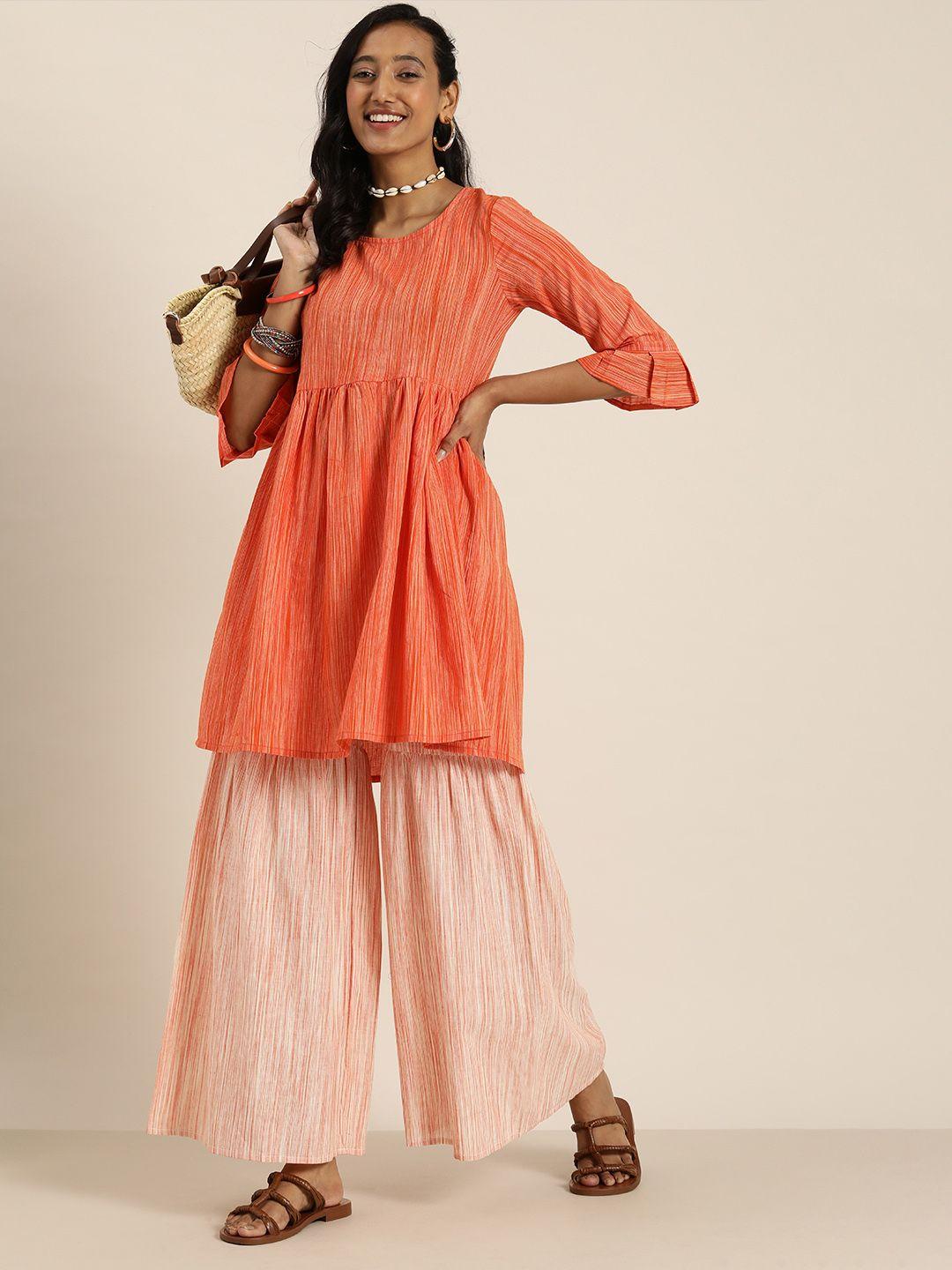 taavi women orange pleated pure cotton woven legacy kurta with sharara