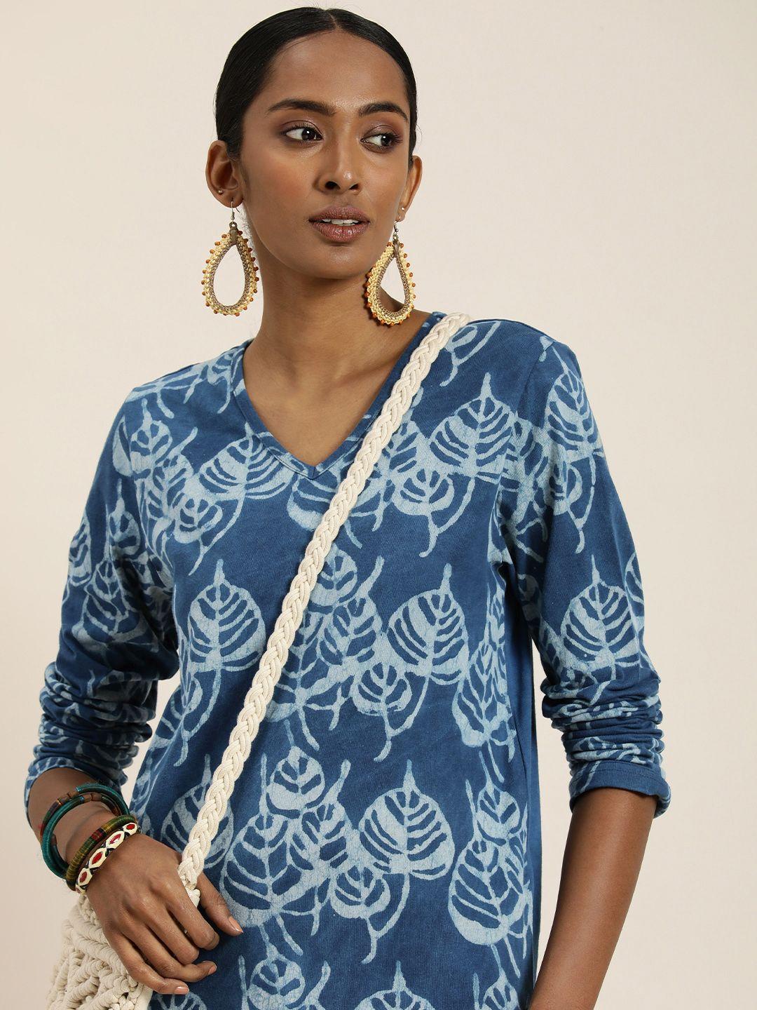 taavi women printed v-neck tropical pure cotton indigo t-shirt