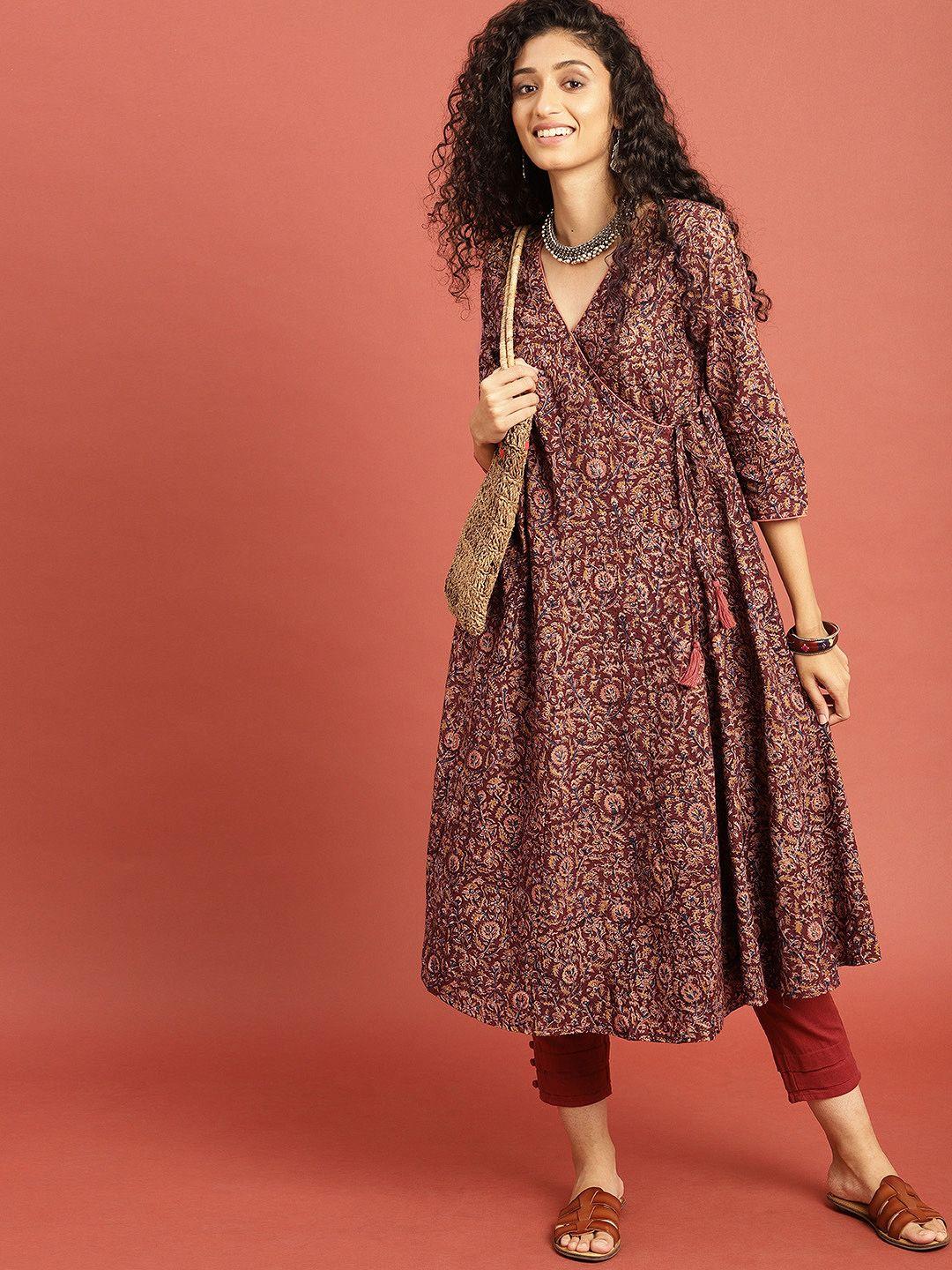 taavi women rust brown kalamkari hand block printed a-line angrakha sustainable kurta with tie-ups