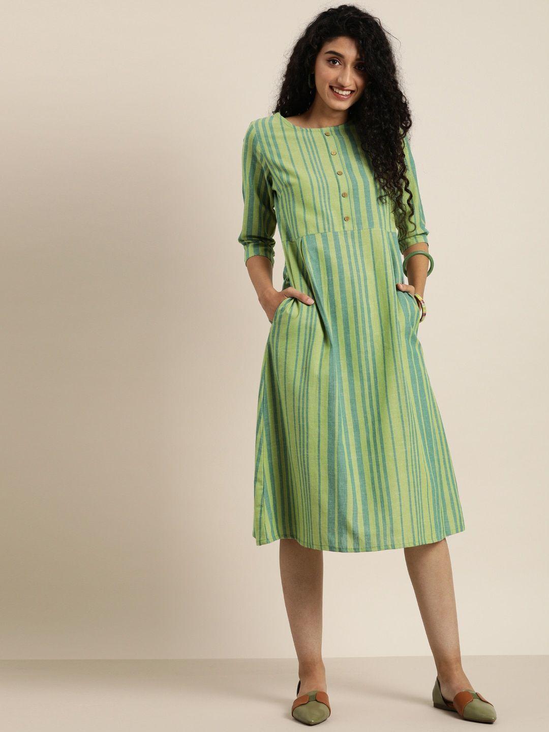 taavi women teal blue & green striped woven legacy a-line sustainable dress with pockets