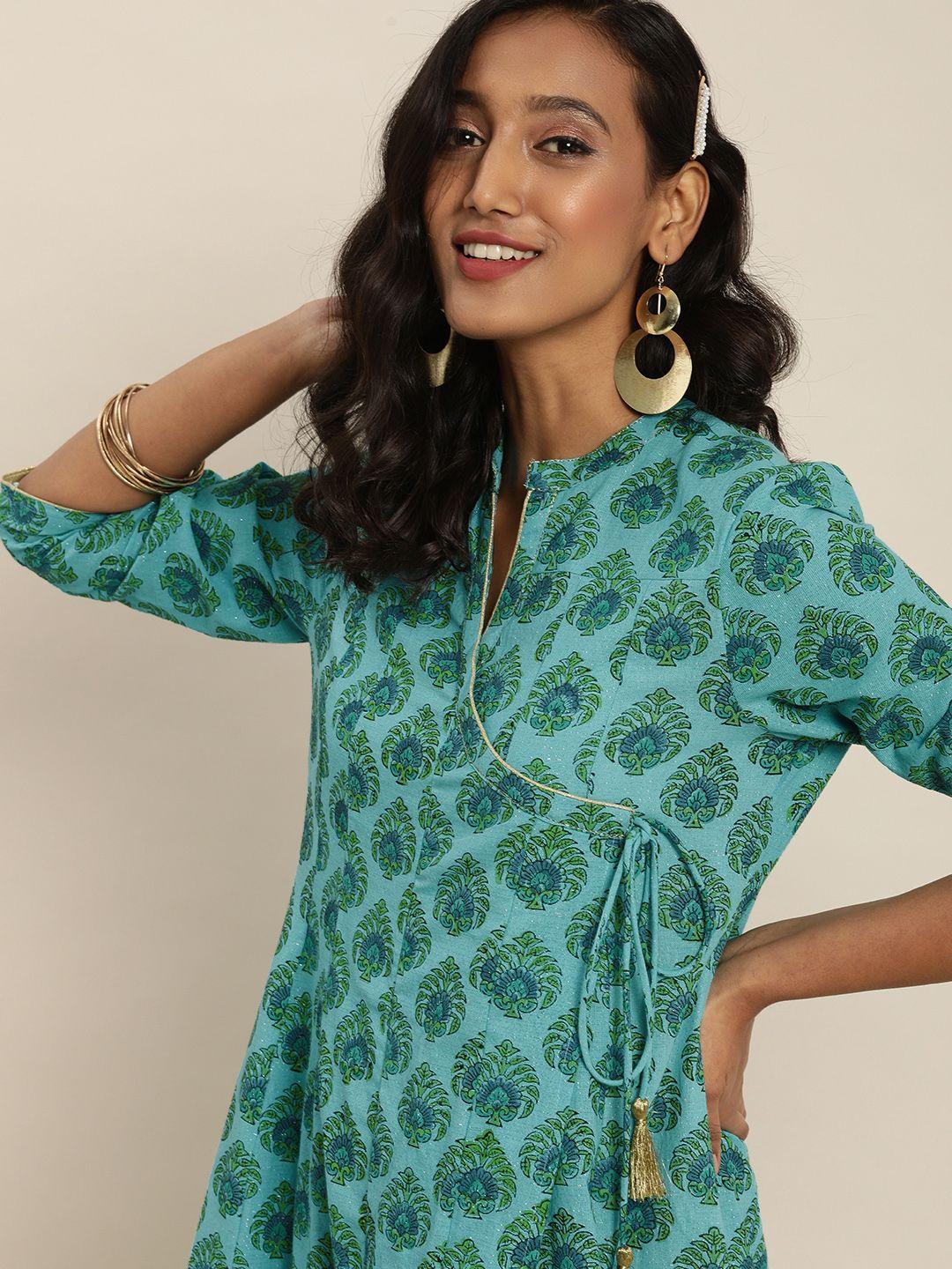 taavi women turquoise blue & green ethnic motifs printed sustainable festive kurta