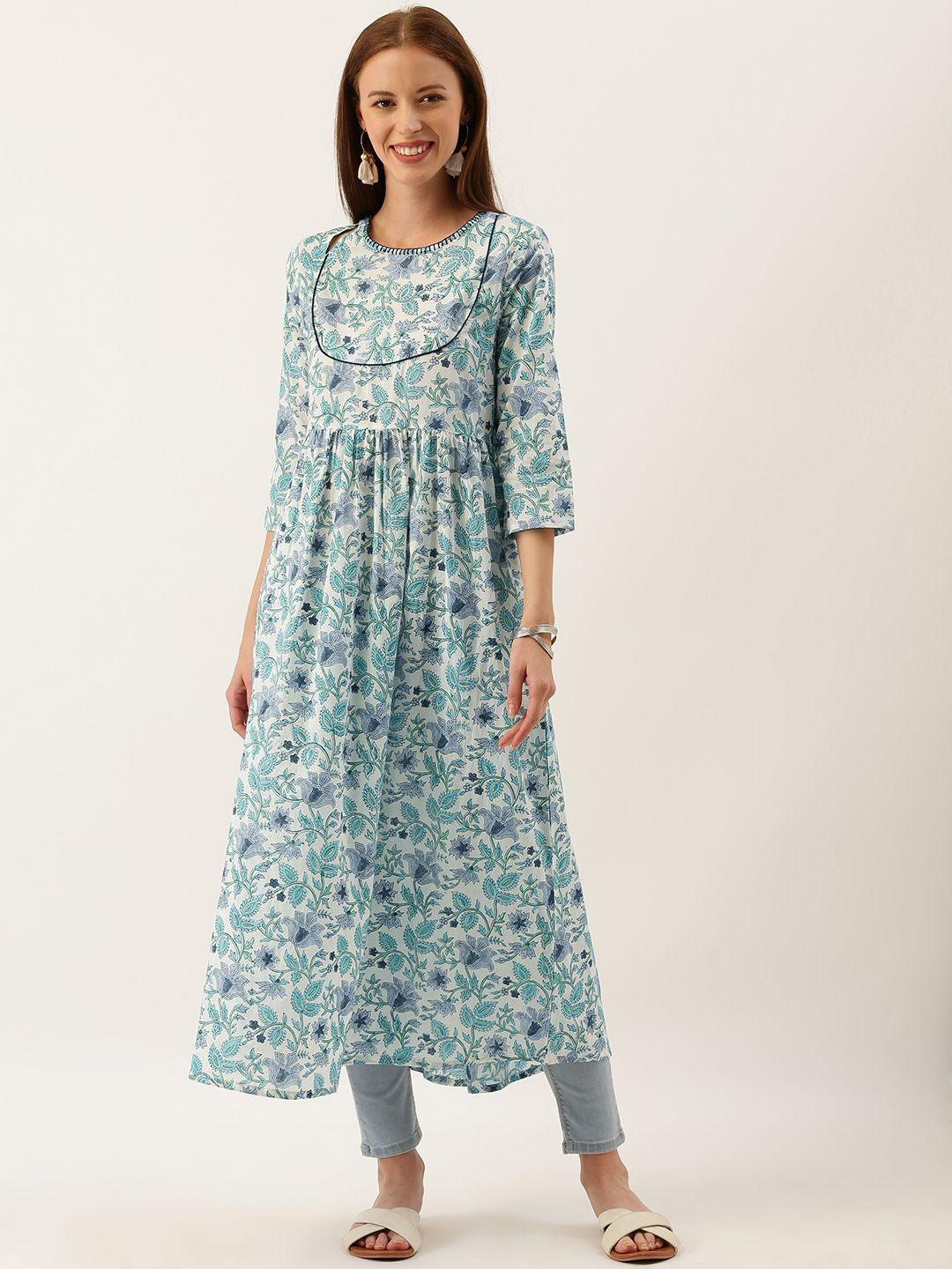 taavi women white & blue sanganeri block print gathered a-line sustainable kurta with cut out detail