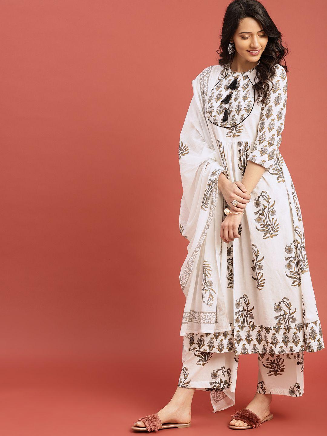 taavi women white & grey block print legacy a-line tasselled sustainable kurta with palazzos & dupatta