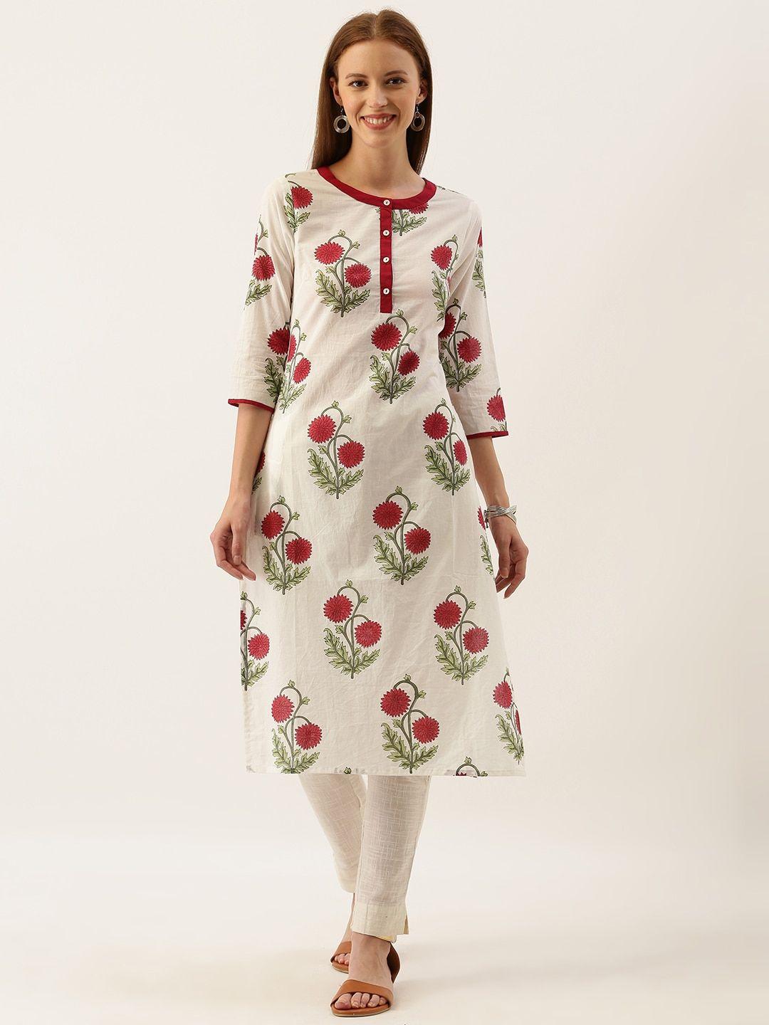 taavi women white & red sanganeri block print straight sustainable kurta with pocket